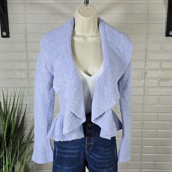 Moda International Lavender Ruffle Front Boucle Cardigan Sweater Medium - Picture 3 of 8